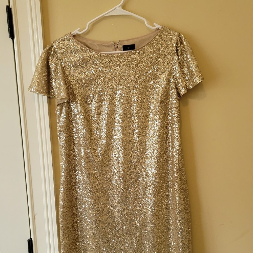 Worthington Sequin Rhinestone Shimmer Gold Sparkle Short Sleeve Dress Size M